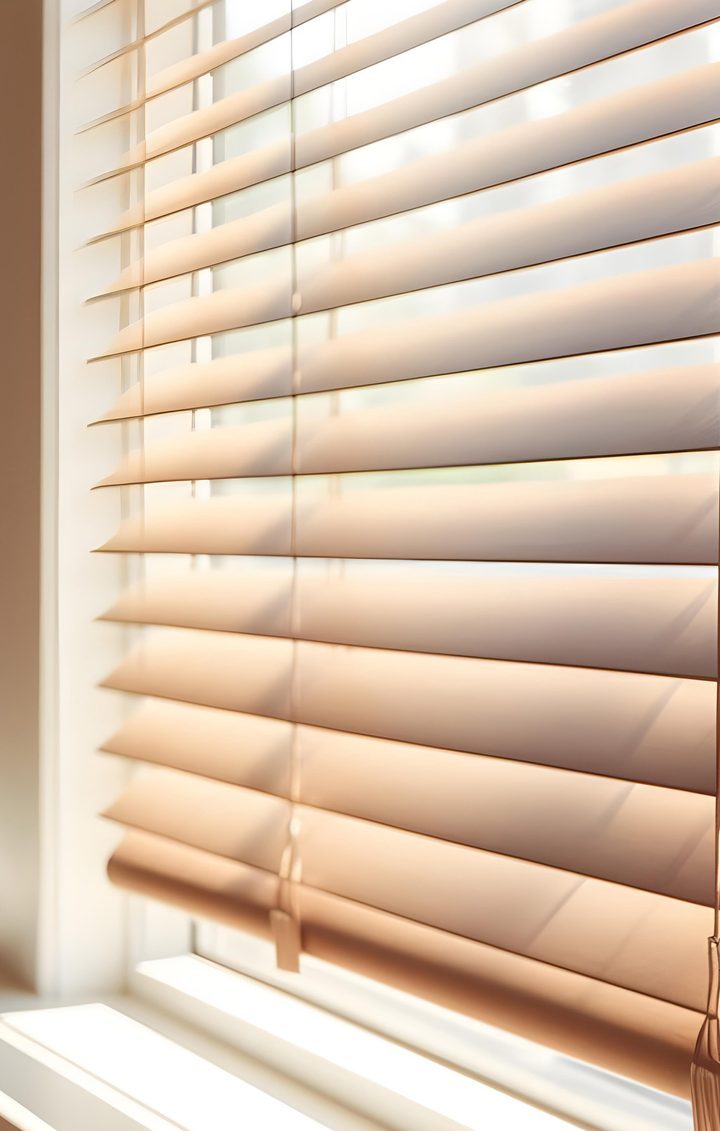 Wooden blinds with morning light filtering through
